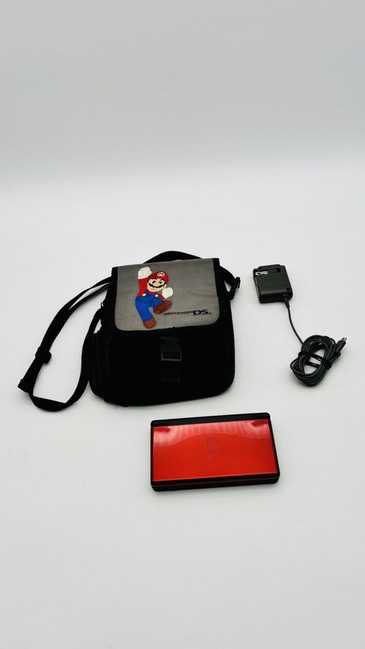 Nintendo DS Lite Crimson Red Black Console USG-001 Bundle w/ Charger And Case